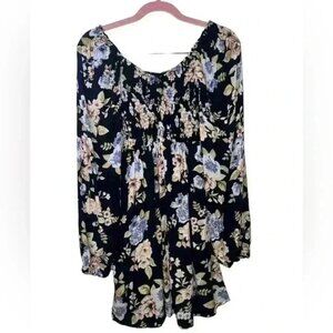 Streetwear Society Tan & Blue Floral Airy Soft Stretchy Long Sleeved Mini Dress